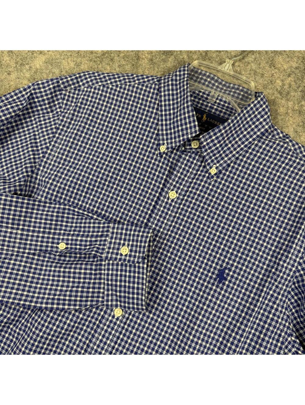 Ralph Lauren Long Sleeve Button Front Slim Fit Shirt Navy Blue Plaid Medium 583